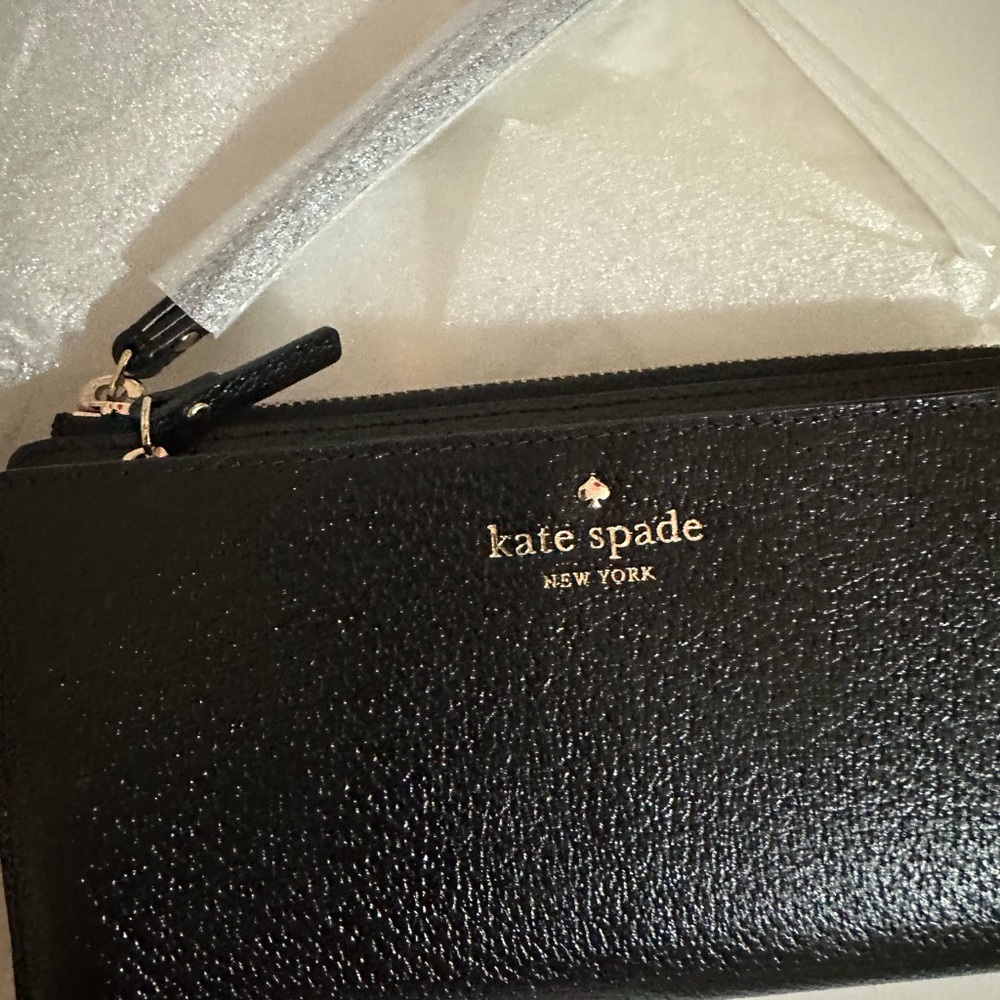 kate spade Black Pebbled Leather Zip Pouch with Gold Logo